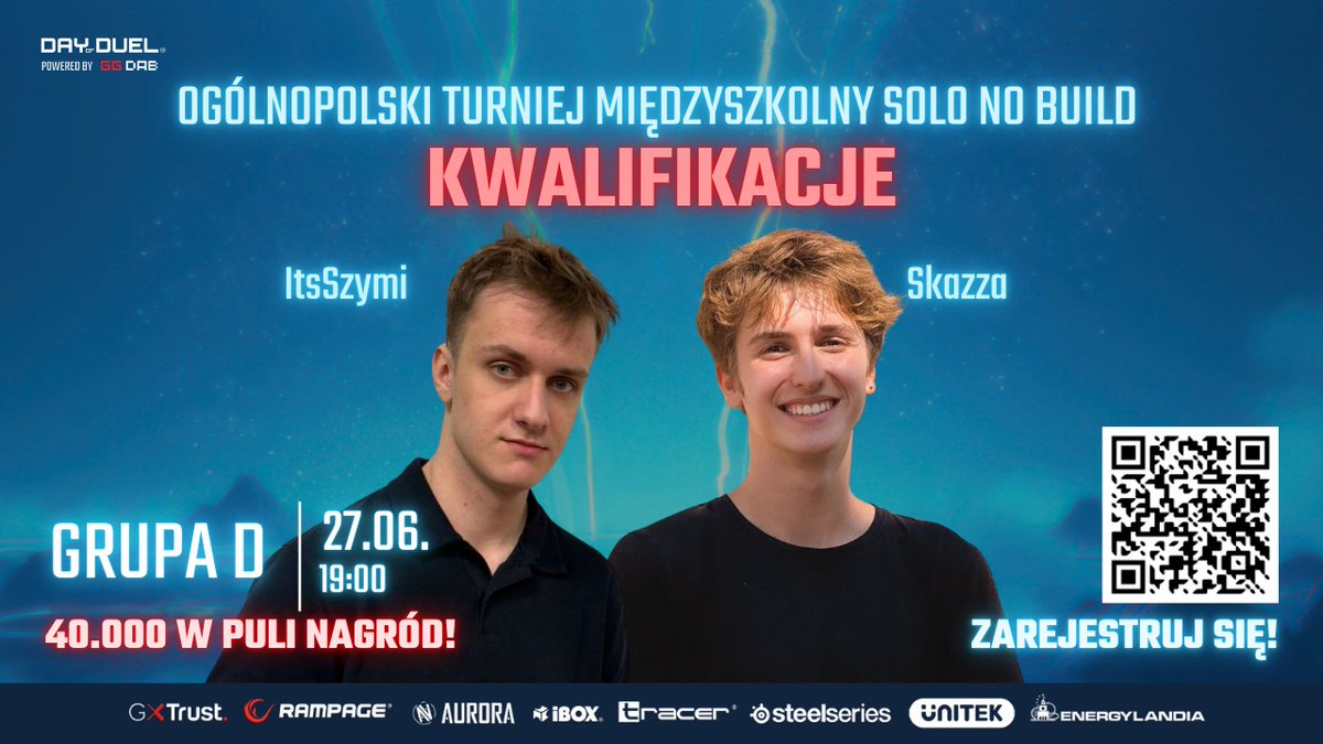 🎮 Gotowi na kolejne emocje?
 
Dziś wieczorem o 19:00 wchodzimy w ostatnią fazę regularnych kwalifikacji!
Na żywo, prosto z serca akcji, <a href="/ItsSzymi/">Szymek</a>  i <a href="/SkazzaFn/">Skazza</a>  poprowadzą stream z rozgrywek Grupy D w ramach Ogólnopolskiego Turnieju Międzyszkolnego Solo No Build! 🔥🎙️

To będzie