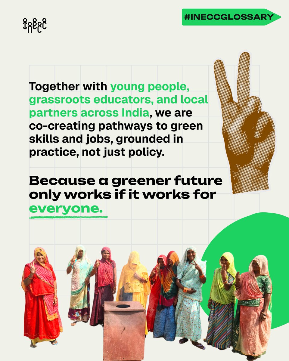 Green-skilling isn’t just about green jobs; it’s about helping people adapt, earn, and thrive. At INECC, we train youth in solar, farming, seaweed livelihoods &amp; more rooted in justice, place, and community. A just transition starts from the ground up. #INECCGlossary
