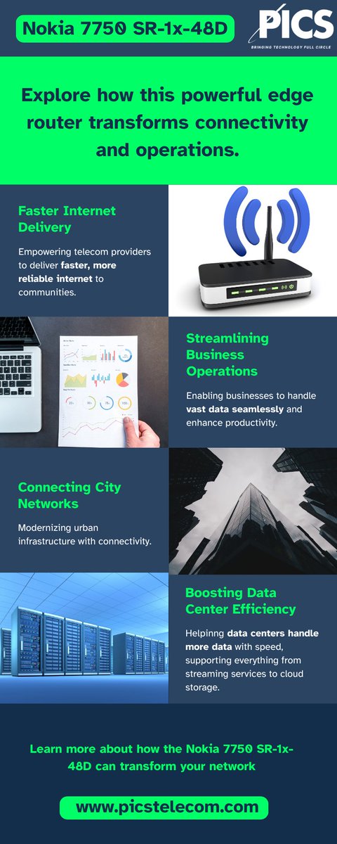 Real-World Networking Solutions with <a href="/nokia/">Nokia</a> 7750 SR-1x-48D:

🌐 Enabling faster Internet access for communities
🚀 Boosting business data efficiency
🏙️ Modernizing city connections
💽 Enhancing #datacenter capabilities

Discover more: picstelecom.com/nokia-7750-sr-…
#Telecom
