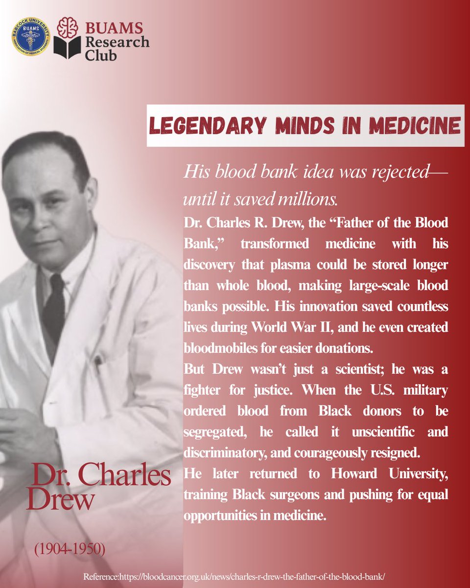 buamsresearch01's tweet photo. 🩸 His idea was rejected… until it saved millions.
On BRC’s Legendary Minds in Medicine, Meet Dr. Charles R. Drew, the man who revolutionized blood banking and fought for justice in medicine.

 #LegendaryMinds #BUAMSResearchClub https://t.co/2qjudV7vsl