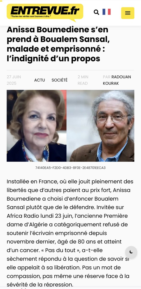 CDL_RN's tweet image. 🇨🇵 La France n&apos;a pas à accueillir des personnes anti-françaises sur son sol.

Échangeons madame Boumediene contre le talentueux Boualem Sansal, voix essentielle à la vérité, injustement condamné par la dictature algérienne
@Elysee 

#LibérezSansal