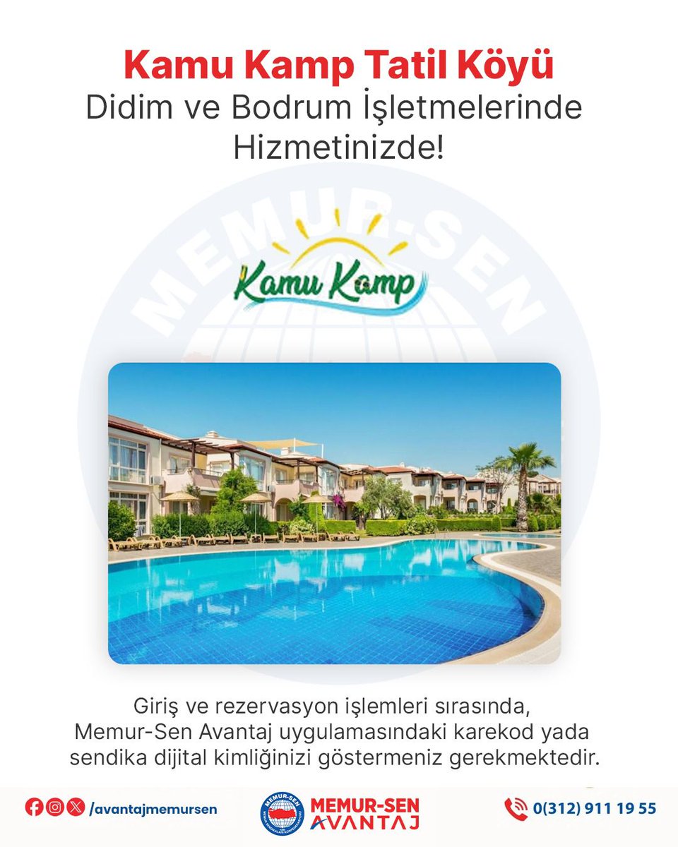 Tatil Siteleri hariç,ülke genelinde 81 ilimizi kapsayacak otel seçeneklerimizi büyütmeye devam ediyoruz.

Ülkemizin gözde tatil yerlerinden Bodrum ve Didim'deki işletmeleri ile Kamu Kamp Tatil Köyü MemurSenAvantaj Uygulamasında hizmetinizde. 

Kendi kampanya ve indirimlerine ek