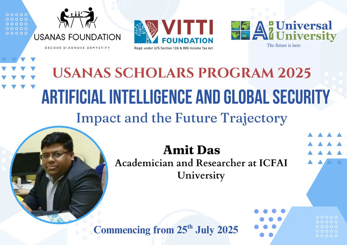 Usanas Foundation (@usanasf) on Twitter photo We are thrilled to announce that Amit Das will be joining us as a distinguished speaker for our Usanas Scholars Program 2025
Register Now
usanasfoundation.com/usanas-scholarā¦
#AI #security #technology #warfare #cybersecurityawareness #India #data #military
<a href="/abhinavpandya/">Dr. Abhinav Pandya</a> <a href="/anitajain_02/">Dr. Anita Jain</a> We are thrilled to announce that Amit Das will be joining us as a distinguished speaker for our Usanas Scholars Program 2025
Register Now
usanasfoundation.com/usanas-scholarā¦
#AI #security #technology #warfare #cybersecurityawareness #India #data #military
<a href="/abhinavpandya/">Dr. Abhinav Pandya</a> <a href="/anitajain_02/">Dr. Anita Jain</a>