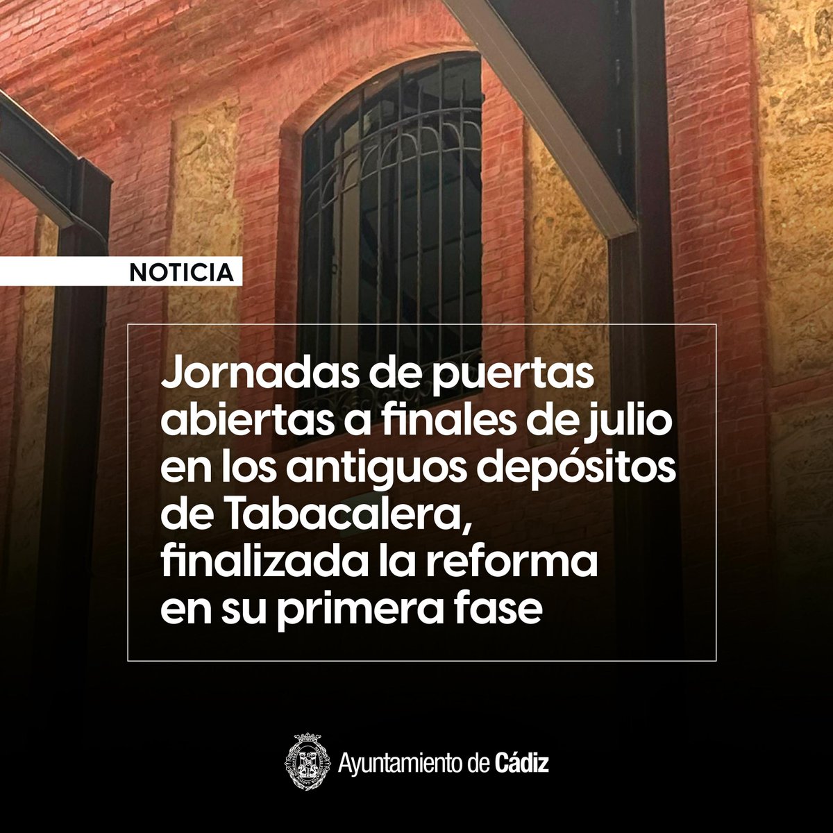 🔵 El Ayuntamiento celebrará unas jornadas de puertas abiertas en los antiguos depósitos de Tabacalera, una vez finalizada la reforma de la primera fase #Cádiz 

📅 A finales de julio

Las instalaciones, que contarán con área de cultura, otra social y otra tecnológica

✅ El