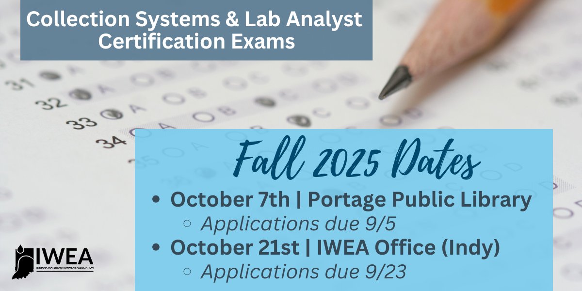 📢 NEW EXAM DATES ANNOUNCED! 📢
We are happy to announce that October 7th has been added to our Fall Exam Dates for 2025. We will be at the Portage Public Library hosting the Collection Systems Certification Exams. 

To learn more visit - indianawea.org/certificatione…