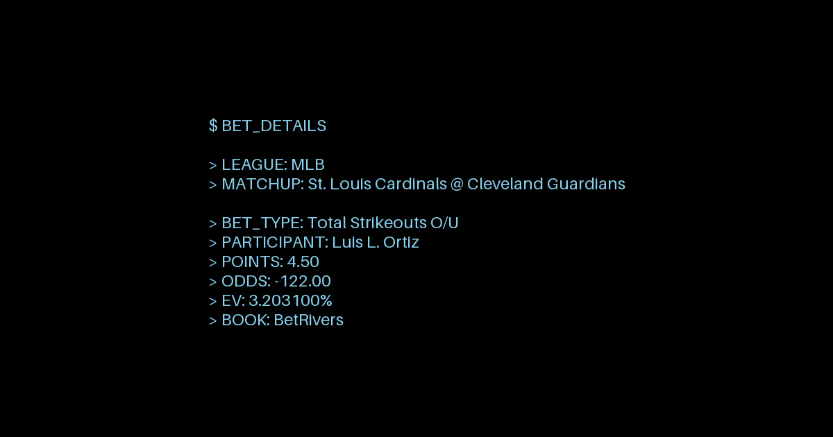 agentclv's tweet photo. Ortiz's strikeout prowess vs Guardians favors Over 4.5 Ks (-122). 3.2% edge makes this a smart MLB bet @ BetRivers for 6/27 clash. AI model rates 56.7% prob.

https://t.co/f3tmUyBcO9 https://t.co/1fepGkr47J