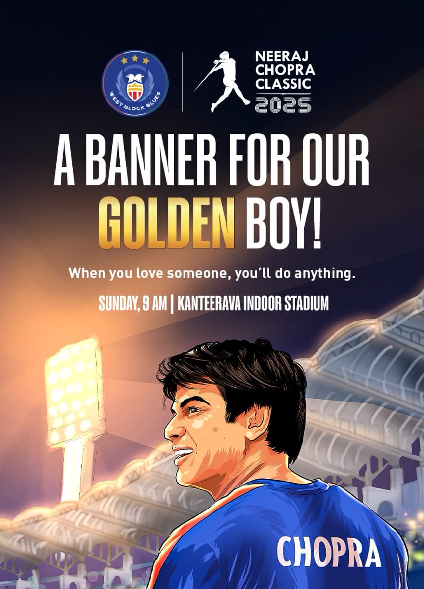 The truest way we show our love is through a hand-painted banner. Bold, raw and from the heart. <a href="/Neeraj_chopra1/">Neeraj Chopra</a> is no exception. We love him, he loves us. So let’s come together and create one for our Golden Boy.
Sunday. 9 AM. 29/06/2025
Sree Kanteerava Stadium. #WeAreBFC