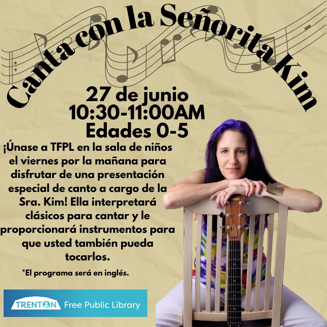 Trenton Free Public Library (@trentonpublib) on Twitter photo The Trenton Free Public Library is OPEN today, just in time for a Sing-Along! Join us for a morning of songs and movement with instruments and tunes provided by Miss Kim!! The Trenton Free Public Library is OPEN today, just in time for a Sing-Along! Join us for a morning of songs and movement with instruments and tunes provided by Miss Kim!!