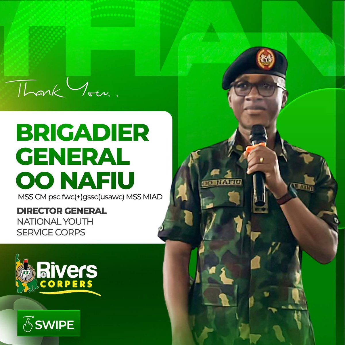 nysc360's tweet photo. Our big daddy, the Director General of Nysc, Brig Gen OO Nafiu is indeed a joy giver.

We enjoyed every bit of our time with him. 

God bless you, Sir.

#NYSCRivers #Gratitude #DGvisit #NYSC #ServiceToTheNation
#NYSCserviceYear #CorpersLife
#ajuwayamedia https://t.co/OY8PFvSani