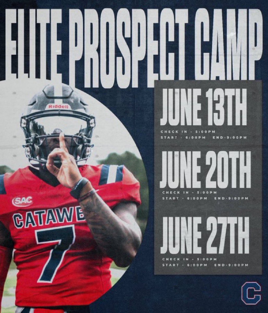 Very excited to be attending the Catawba College Elite Prospect Camp. Thank you <a href="/CoachVellucci/">Jake Vellucci</a> for the invite. <a href="/CatawbaFootball/">Catawba Football</a> <a href="/CoachJHardin16/">Justin Hardin</a> <a href="/Coach_Blackk4/">Ka’seim Black</a> <a href="/coach_spry/">Coach Spry</a>