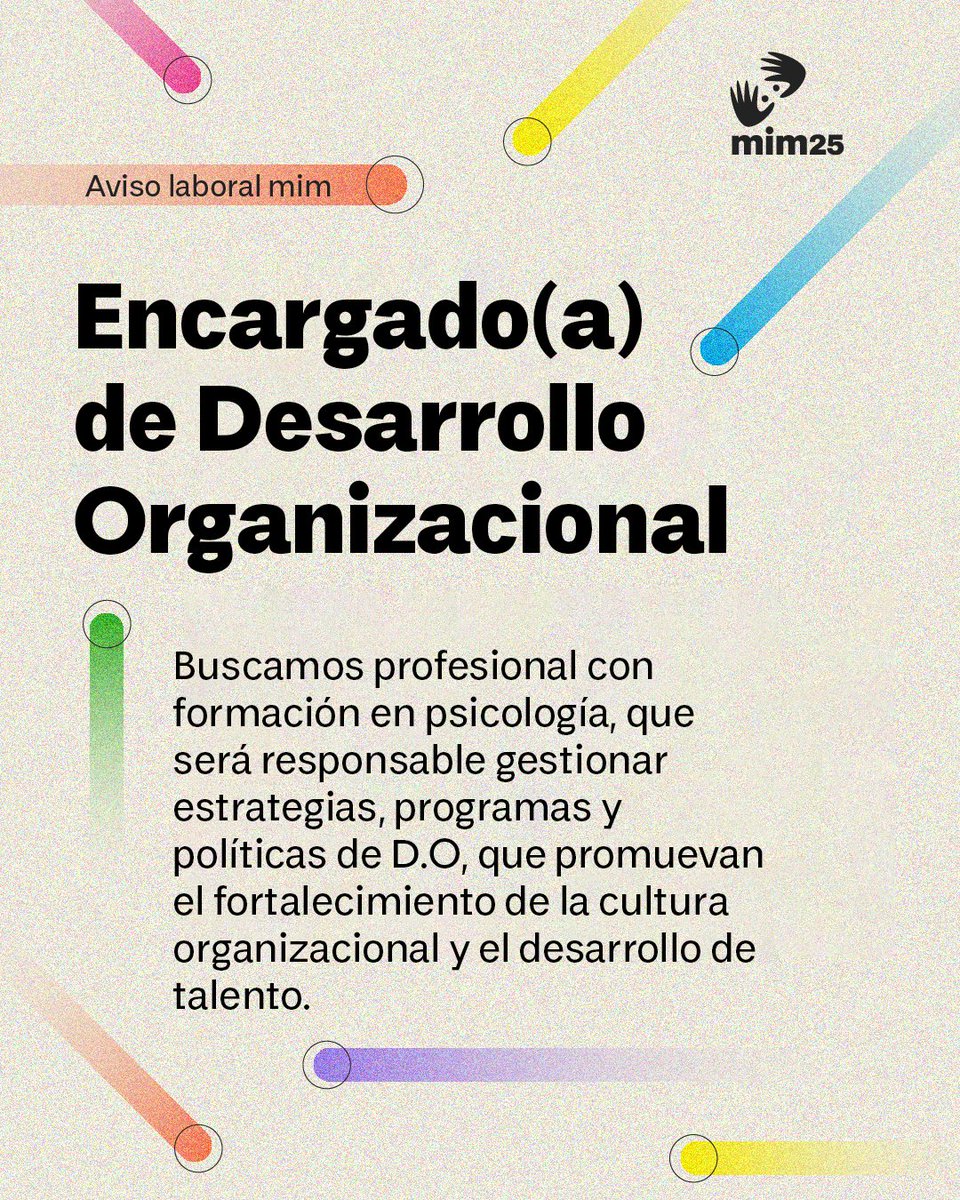 Si tienes formación universitaria en psicología, mención organizacional y desde 5 años de experiencia en cargos con funciones similares, postula a  Encargado/a de Desarrollo Organizacional para trabajar con nosotros/as. 

Postula aquí 👉 mim.trabajando.cl/trabajo/591765…

#HayPega