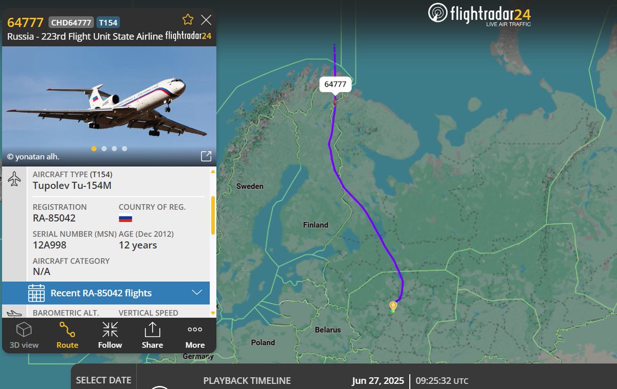 vcdgf555's tweet photo. Not sure what is happening here... my impression is GPS jamming/interference of some kind. I highly doubt a Russian passenger transport would veer this far into Finnish airspace.
๐ท๐บ 64777 is Tupolev Tu-154M RA-85042 #154C32 from 223rd Flight Unit State Airline https://t.co/53JbPMHuLP