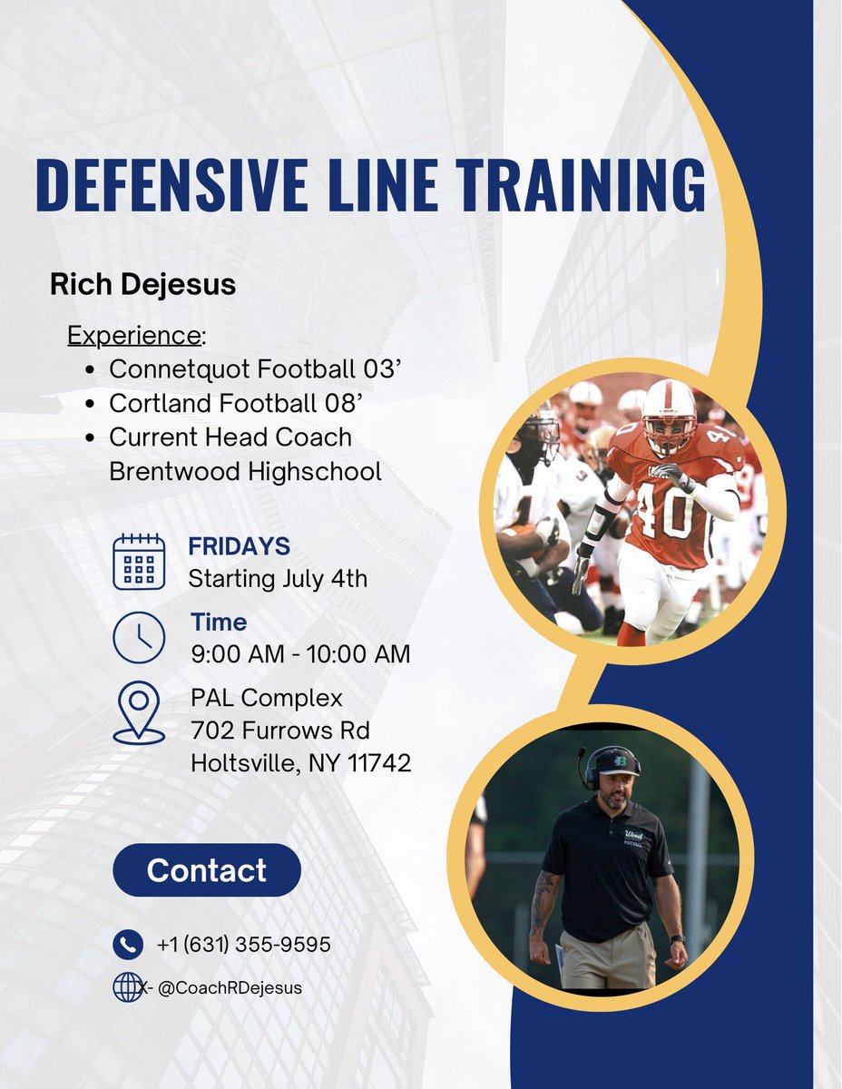 Tyler Collins (@coachtc11) on Twitter photo New times for the Summer. WRs and DL training 9-10am Friday mornings. OL and LBs 10-11am Friday mornings. Starting July 4th @ PAL complex in Holtsville. Let’s get right!! 💪🏼 <a href="/seanchristie77/">sean Christie</a> <a href="/CoachRDeJesus/">Rich DeJesus</a> New times for the Summer. WRs and DL training 9-10am Friday mornings. OL and LBs 10-11am Friday mornings. Starting July 4th @ PAL complex in Holtsville. Let’s get right!! 💪🏼 <a href="/seanchristie77/">sean Christie</a> <a href="/CoachRDeJesus/">Rich DeJesus</a>