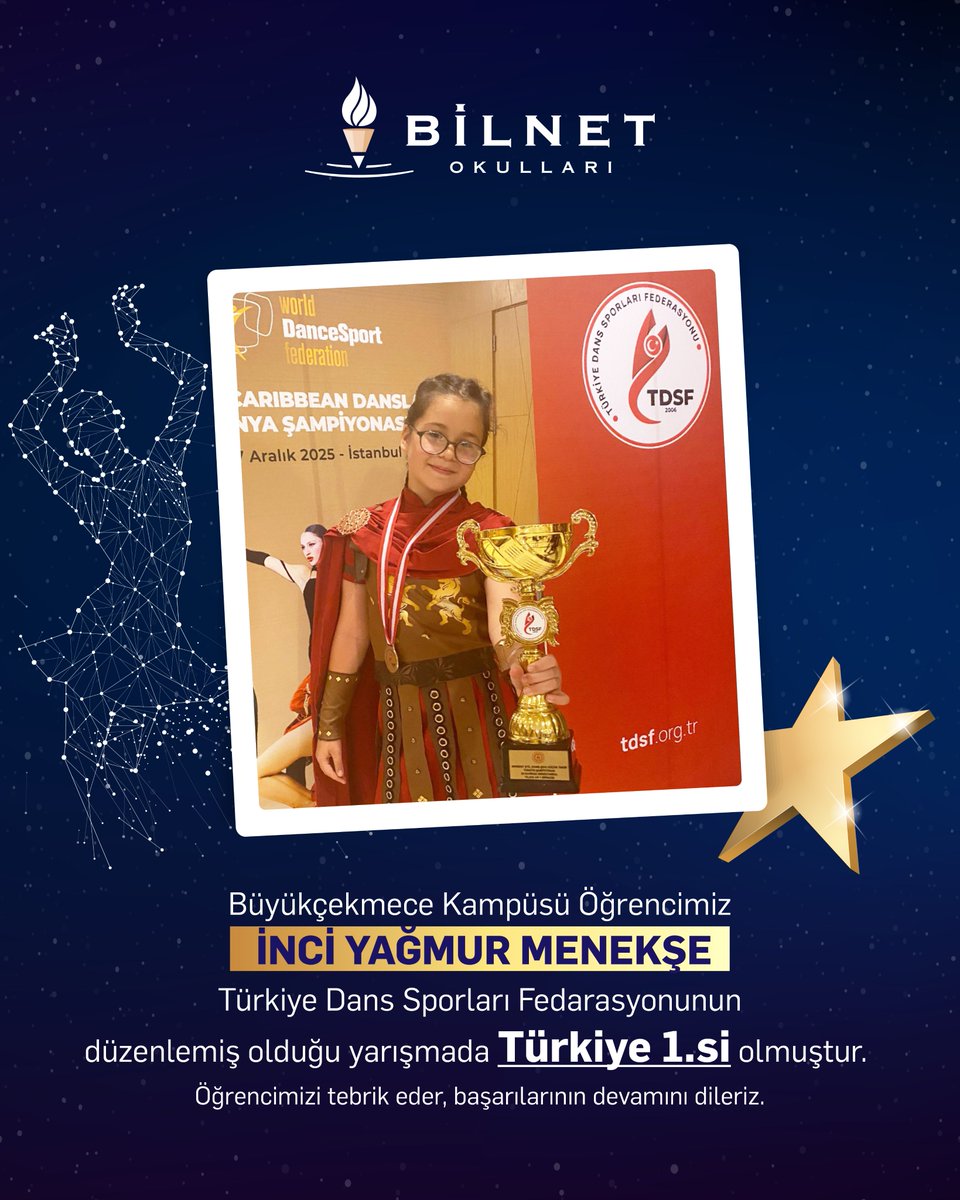 Büyükçekmece Kampüsü Öğrencimiz İnci Yağmur Menekşe, Türkiye Dans Sporları Fedarasyonunun düzenlemiş olduğu yarışmada Türkiye 1.si olmuştur. Öğrencimizi tebrik eder, başarılarının devamını dileriz. #BilnetOkulları #BilnetSchools