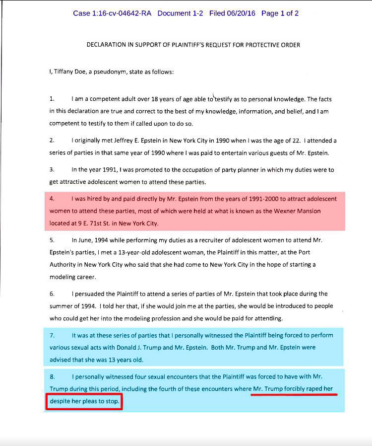 Daddy is a child raping pedophile.

“I personally witnessed four sexual encounters that the plaintiff was forced to have with Mr Trump during this period, including the fourth of these encounters, where Mr Trump forcibly raped her despite her pleas to stop.”

#TrumpPedoFiles