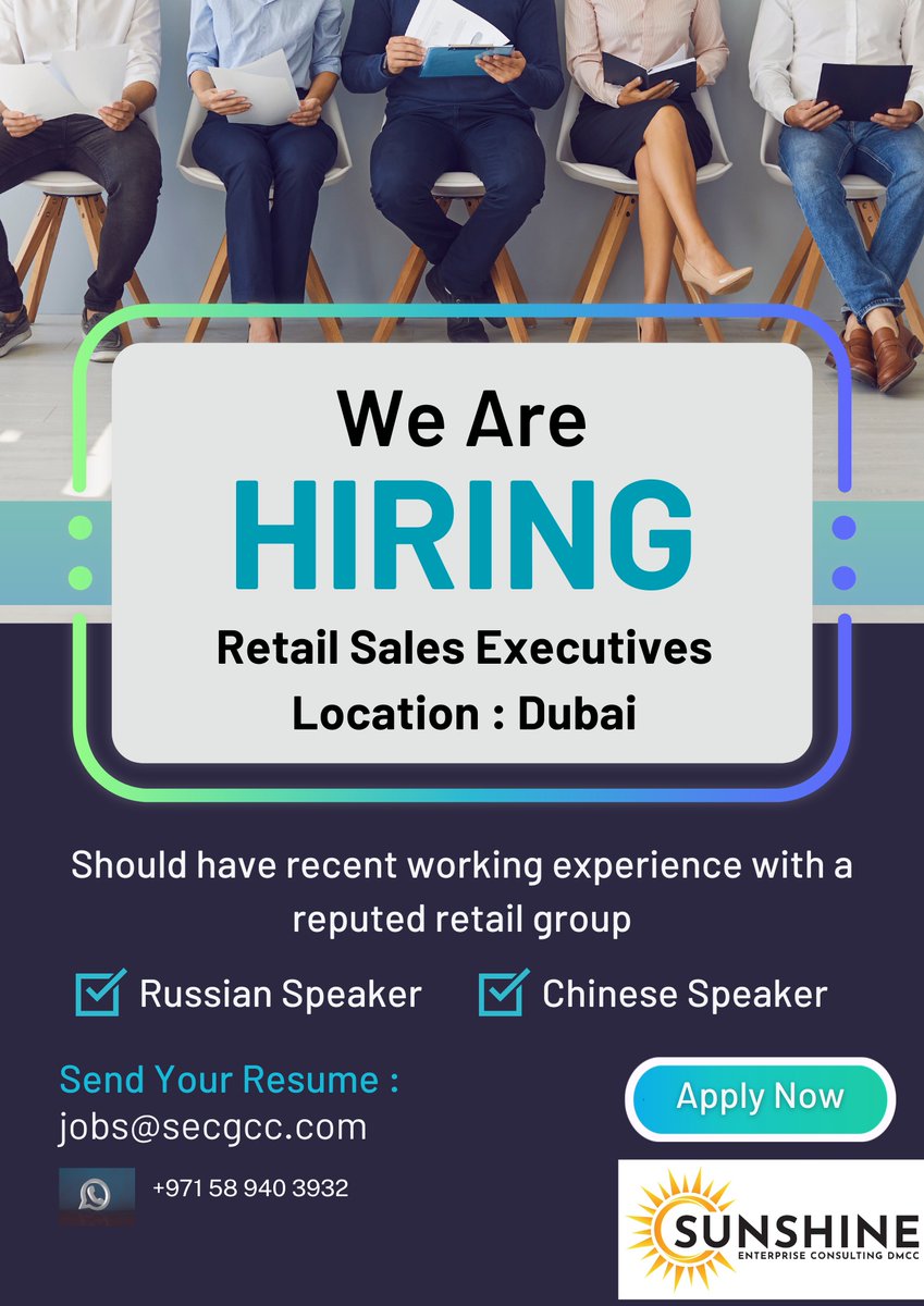 Sunshine Enterprise USA (@sunshineenterp5) on Twitter photo Now Hiring!
Retail Sales Representative
Should have recent experience working with a reputed retail group
Bilingual: Chinese / Russian
Share the CV at Jobs@secgcc.com / WhatsApp: +971 58 940 3932 Now Hiring!
Retail Sales Representative
Should have recent experience working with a reputed retail group
Bilingual: Chinese / Russian
Share the CV at Jobs@secgcc.com / WhatsApp: +971 58 940 3932