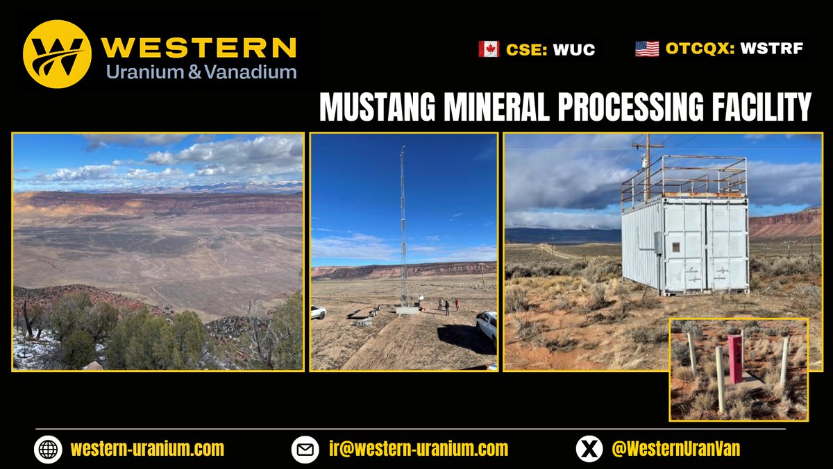 Mustang Mineral Processing Facility⚒️

• Location: Montrose County, Colorado
• Recovery: uranium and vanadium
• Proposed Licensed Capacity: 1,000 tons of U3O8 per
day
🇨🇦CSE: WUC 🇺🇸OTCQX: WSTRF #uranium #vanadium #Utah #mining