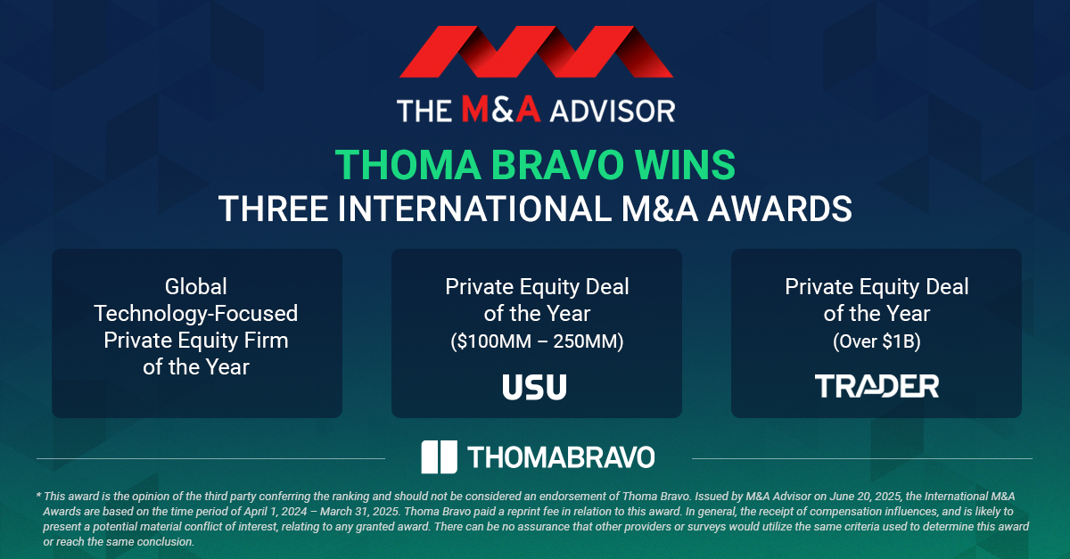 Thoma Bravo (@thomabravo) on Twitter photo We’re proud to be recognized by <a href="/themaadvisor/">The M&A Advisor</a> in three categories of the 16th Annual International M&A Awards:
🏆 Global Technology-Focused Private Equity Firm of the Year
🏆 Private Equity Deal of the Year ($100MM-$250MM) for the acquisition of USU
🏆 Private Equity Deal of We’re proud to be recognized by <a href="/themaadvisor/">The M&A Advisor</a> in three categories of the 16th Annual International M&A Awards:
🏆 Global Technology-Focused Private Equity Firm of the Year
🏆 Private Equity Deal of the Year ($100MM-$250MM) for the acquisition of USU
🏆 Private Equity Deal of