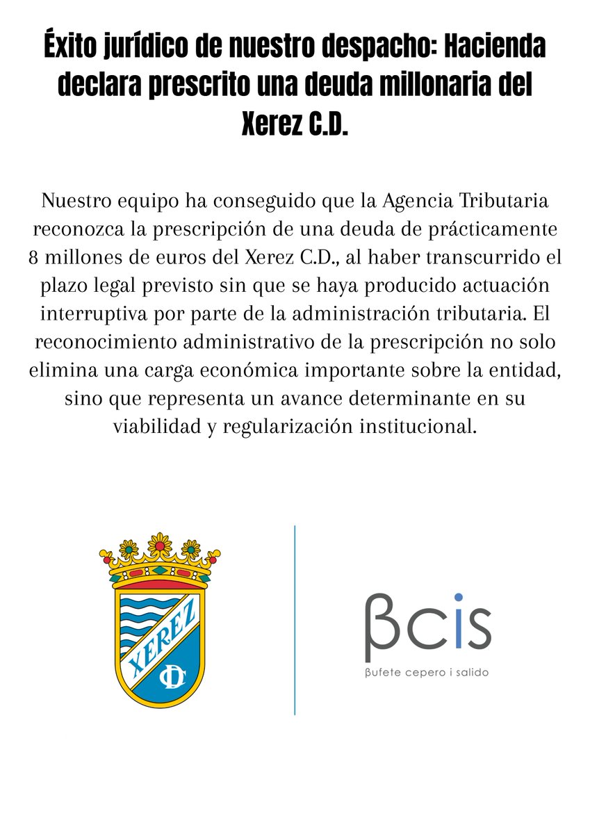 ceperoisalido's tweet photo. 📢Éxito jurídico de nuestro despacho: Hacienda declara prescrito una deuda millonaria del @XerezCD_OFICIAL 👇

📸: Manuela Romero, Diario de Jerez https://t.co/SdklsxFPyY