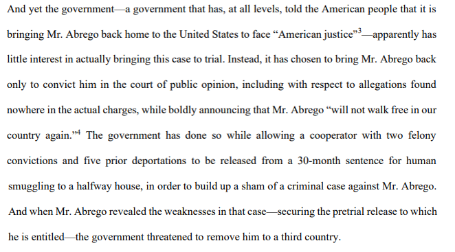 ReichlinMelnick's tweet photo. The Trump admin has "boldly announc[ed] that Mr. Abrego 'will not walk free in our country again.' The government has done so while allowing a cooperator with two felony convictions and five prior deportations to be released from a 30-month sentence for human smuggling." https://t.co/Ej4AfYyhfu