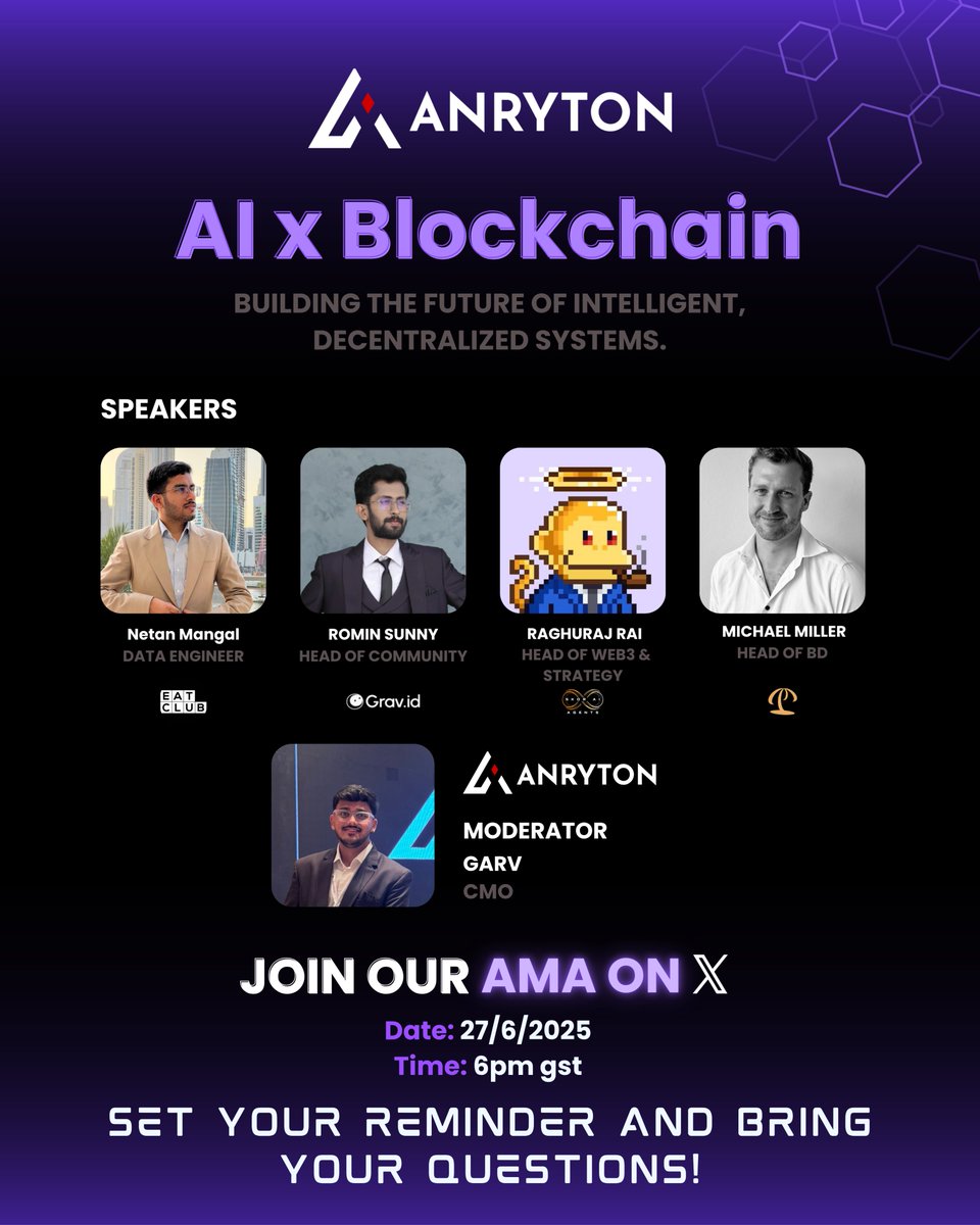 Anryton Technology (@anrytontech) on Twitter photo 🚀 LIVE today: X Space on ‘AI x Blockchain: Building the Future!’ 🌐 See how Anryton’s quantum-resistant tech shapes decentralized systems.
join us with
Netan Mangal
Data Engineer at EatClub
linkedin.com/in/netanmangal
<a href="/netanmangal/">Netan Mangal</a>
Michael miller
Head of BD
<a href="/Mikemillered01/">Mike Miller</a>
Romin 🚀 LIVE today: X Space on ‘AI x Blockchain: Building the Future!’ 🌐 See how Anryton’s quantum-resistant tech shapes decentralized systems.
join us with
Netan Mangal
Data Engineer at EatClub
linkedin.com/in/netanmangal
<a href="/netanmangal/">Netan Mangal</a>
Michael miller
Head of BD
<a href="/Mikemillered01/">Mike Miller</a>
Romin