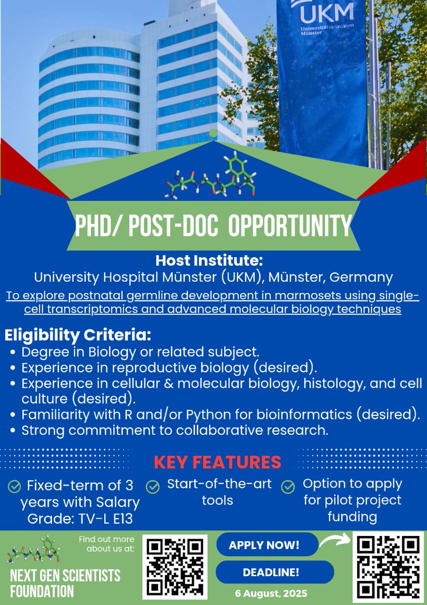 GenScientists's tweet image. 🎓PhD/Post-Doc Opportunity – University Hospital Münster (UKM), Germany

To explore postnatal germline development in marmosets using single-cell transcriptomics.

🔗Apply Now: tinyurl.com/6xw52d3j
📅Deadline: 6th August, 2025

📢Stay Connected: lnkd.in/gFbYvDDK