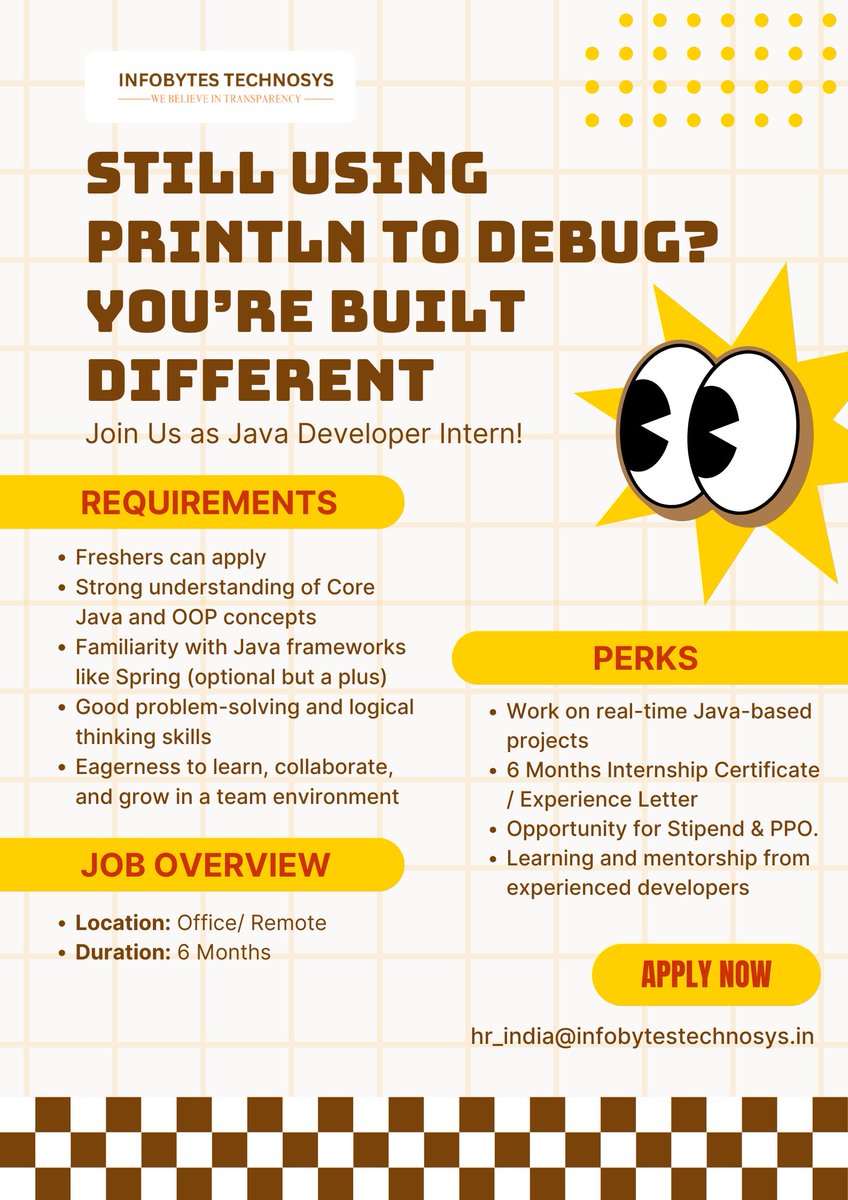 InfobytesT20741's tweet photo. ☕ Java Developer Interns Wanted!
Code. Compile. Create.
Freshers welcome ✅ Remote or Office ✅
Apply now 👉 hr_india@infobytetechnosys.in
#JavaDeveloper #TechInternship #InfobytesTechnosys #InternHiring #JavaLife https://t.co/B9G90qZL84