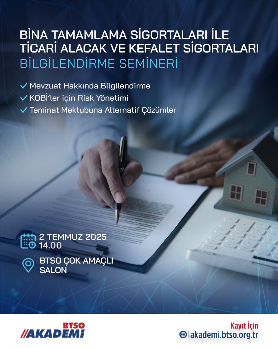 🏠 İş dünyamızın eğitim ve gelişim platformu BTSO Akademi projemiz kapsamında, sigorta acentelerimize yönelik "Bina Tamamlama Sigortaları ile Ticari Alacak ve Kefalet Sigortaları" eğitimimiz 2 Temmuz 2025 Çarşamba günü saat 14.00'te BTSO Ana Hizmet Binası'nda
