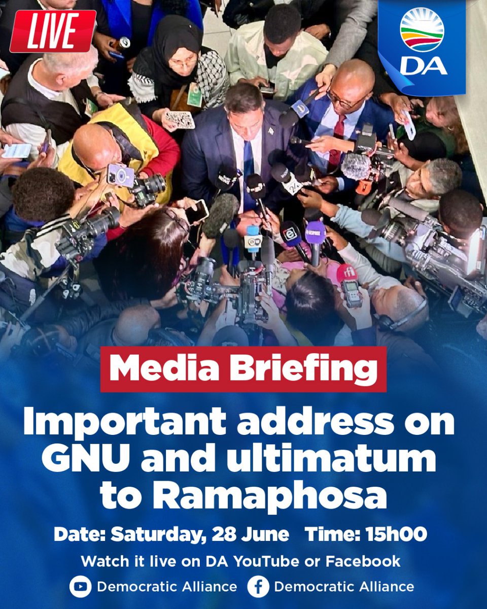 Our_DA's tweet photo. 🇿🇦Tomorrow at 15h00, the DA will brief the public on the GNU and ultimatum to Ramaphosa. Watch it live: https://t.co/lr7MnGmrOp

👤Federal Leader, John Steenhuisen
👤Federal Chairperson, Dr Ivan Meyer
👤Federal Council Chairperson, Helen Zille
👥National Spokespersons

#DApresser https://t.co/4cmiUXurBX