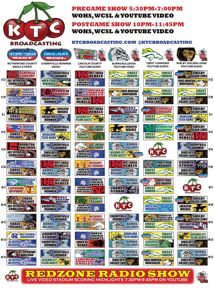 2025 Prep Football Broadcast Schedule
WCSL 92.9FM &amp; 1590AM - Gaston County, NC
WOHS 101.5FM &amp; 1390AM - Cleveland County, NC
LincolnCounty.com WAGY 1320AM / 107.5FM 
Subject to change ktcbroadcasting.com