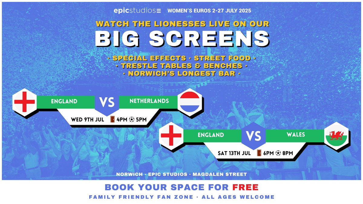 EPICNorwich's tweet image. 📣 JUST ANNOUNCED: We are showing the Women's Euros 2025 on our big screens! Tickets are free to book and guarantee your space in the venue
Book now 🎫 ow.ly/pKSy50Whtwy
Unfortunately we can't show the England VS France match as we have Bongo's Bingo already scheduled