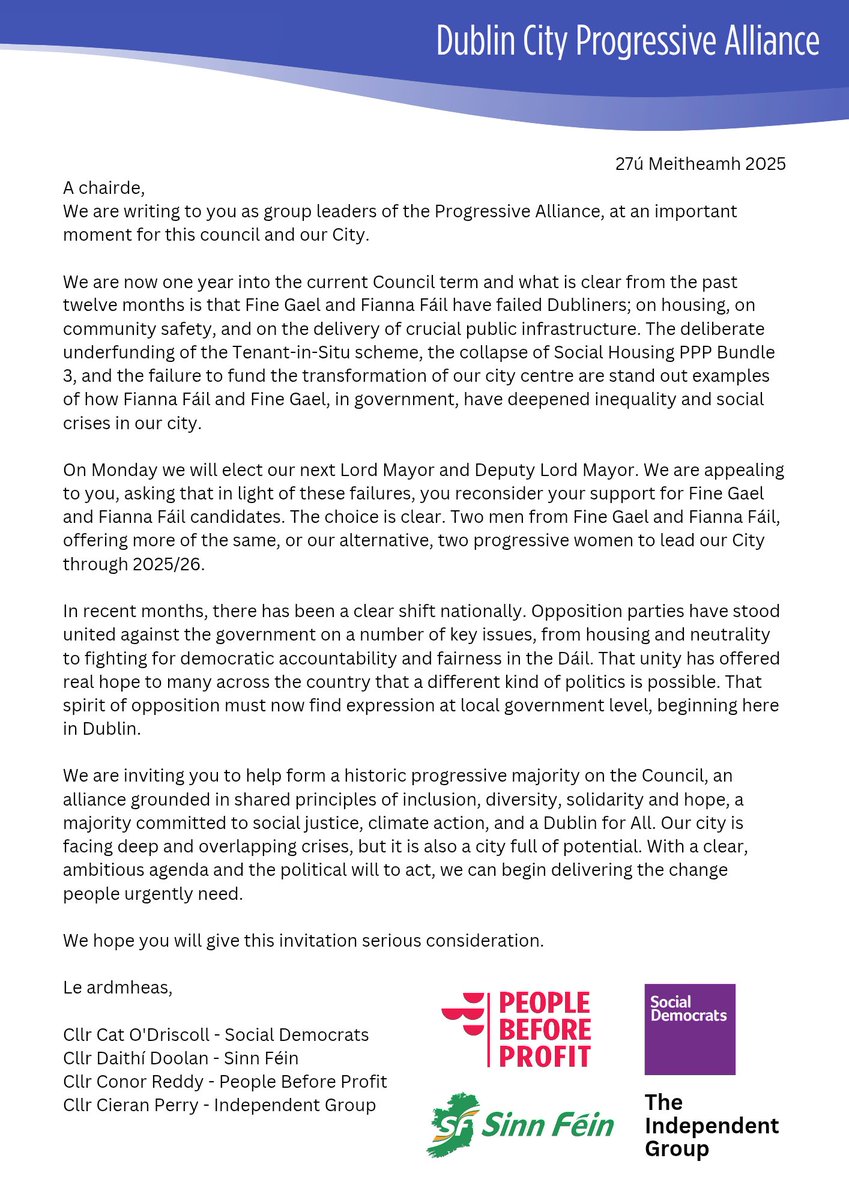 Cllr Conor Reddy 🇵🇸 (@conorreddy95) on Twitter photo Today Group Leaders of the Dublin City Progresive Alliance wrote to <a href="/labour/">The Labour Party Ireland</a> and <a href="/greenparty_ie/">Green Party Ireland</a> councillors in Dublin City to ask the basic question, which side are you on?
Will it be another FG Lord Mayor and FF deputy or a progressive alternative to challenge the government? Today Group Leaders of the Dublin City Progresive Alliance wrote to <a href="/labour/">The Labour Party Ireland</a> and <a href="/greenparty_ie/">Green Party Ireland</a> councillors in Dublin City to ask the basic question, which side are you on?
Will it be another FG Lord Mayor and FF deputy or a progressive alternative to challenge the government?