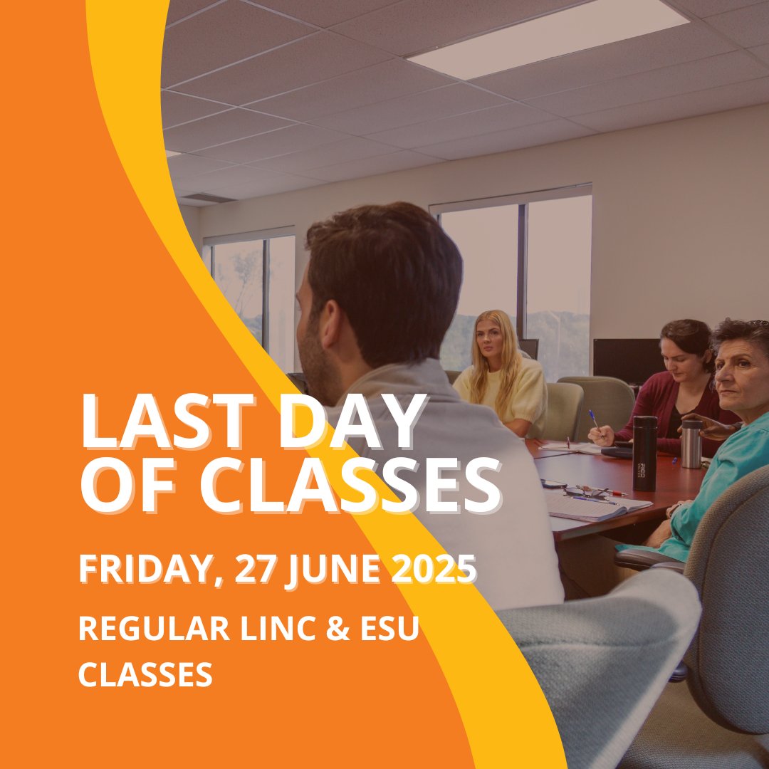 Regular LINC (adult English classes) and ESU classes finish today, Fri, 27 June! For summer schedules and programming, visit: bit.ly/40hLuIS