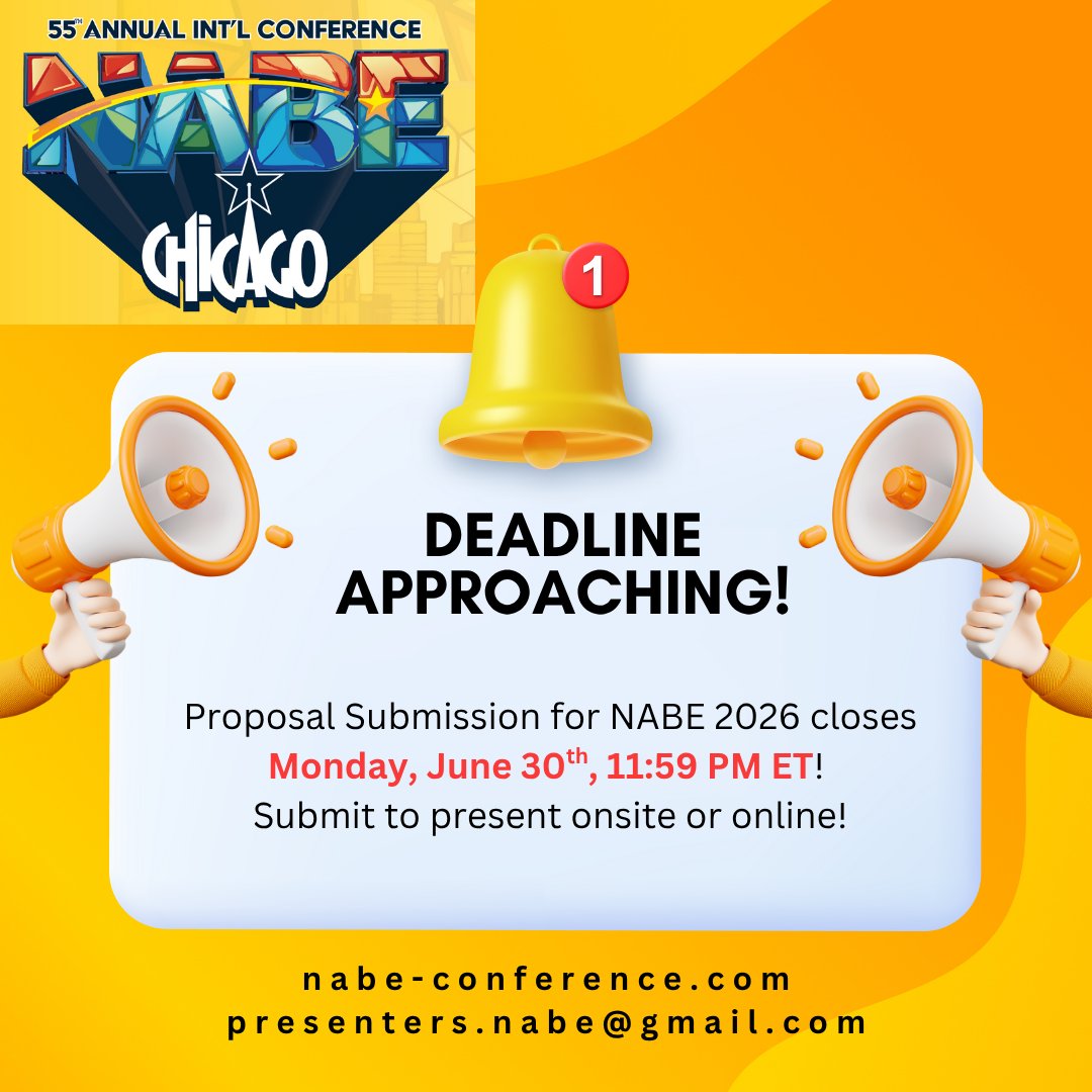 Now more than ever, multilingual educators must unite!🌎
Your voice matters—and your work makes a difference.
📣 Submit your proposal for #NABE2026!
Present in-person or submit a pre-recorded session for our On-Demand Library.

🗓 Deadline: June 30, 2025
📍 Chicago | 💻 Virtual
