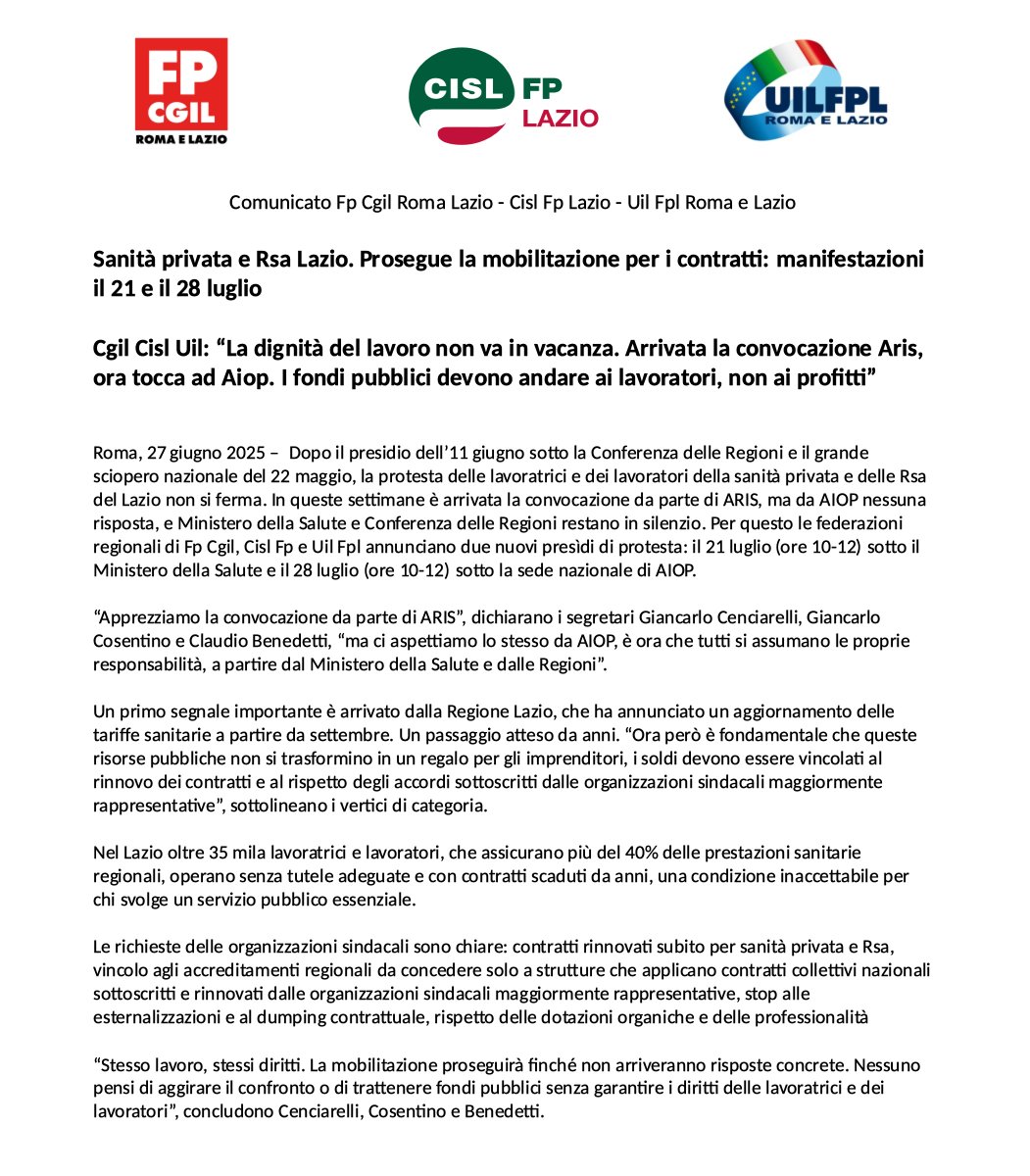 cisl_fplazio's tweet photo. #SanitàPrivata e #Rsa #Lazio. Prosegue la #mobilitazione per i #contratti: #manifestazioni #21luglio e #28luglio

#CgilCislUil: “Arrivata convocazione #Aris, ora tocca ad #Aiop. I fondi pubblici devono andare ai #lavoratori, non ai profitti”

#ContrattoSubito #Ilmiolavorovale https://t.co/mMn3RgMunP