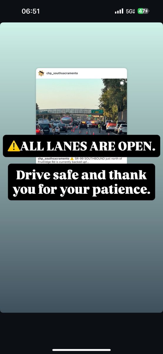 CHPSouthSac's tweet image. ⚠️SR-99 S/B north of Fruitridge.
All lanes are open.