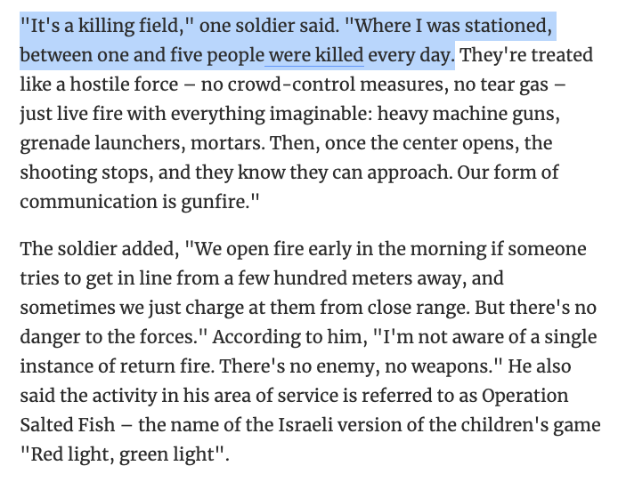 Richie Assaly (@rdassaly) on Twitter photo Hard to be shocked these days, but this new report in <a href="/Haaretz/">Haaretz הארץ</a> should stop everyone in their tracks.
Israeli soldiers openly admit that they were ordered to fire at unarmed crowds of Palestinians waiting for aid.
One soldier compared it to "Red Light, Green Light." Hard to be shocked these days, but this new report in <a href="/Haaretz/">Haaretz הארץ</a> should stop everyone in their tracks.
Israeli soldiers openly admit that they were ordered to fire at unarmed crowds of Palestinians waiting for aid.
One soldier compared it to "Red Light, Green Light."