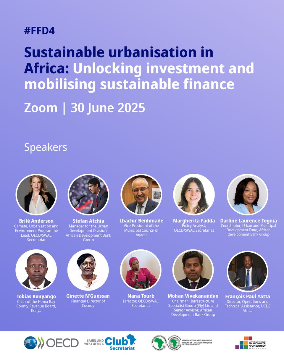 SWAC OECD (@swac_oecd) on Twitter photo 📢 Last chance to register!
Join us tomorrow, 30 June at #FFD4 for a side event by OECD/SWAC & <a href="/AfDB_Group/">African Development Bank Group</a> on urban finance in Africa.
Experts will explore key actors, tools and barriers to financing fast-growing cities.
🔗 Register: oe.cd/SWACFFD4 📢 Last chance to register!
Join us tomorrow, 30 June at #FFD4 for a side event by OECD/SWAC & <a href="/AfDB_Group/">African Development Bank Group</a> on urban finance in Africa.
Experts will explore key actors, tools and barriers to financing fast-growing cities.
🔗 Register: oe.cd/SWACFFD4