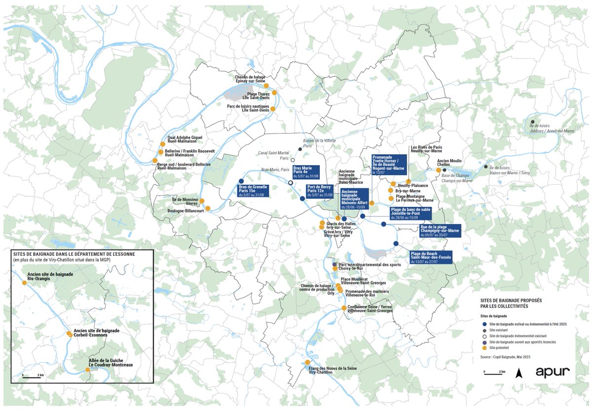 #Carte Plus que quelques jours avant la baignade en Seine et en Marne !
📌8 sites de baignade ouverts pour le grand public, estivaux ou évènementiels dès l’été 2025 dans la Seine et la Marne.
La carte des sites de baignade à découvrir :
👉apur.org/fr/open-data-c…
#Apur <a href="/Paris/">Paris</a>