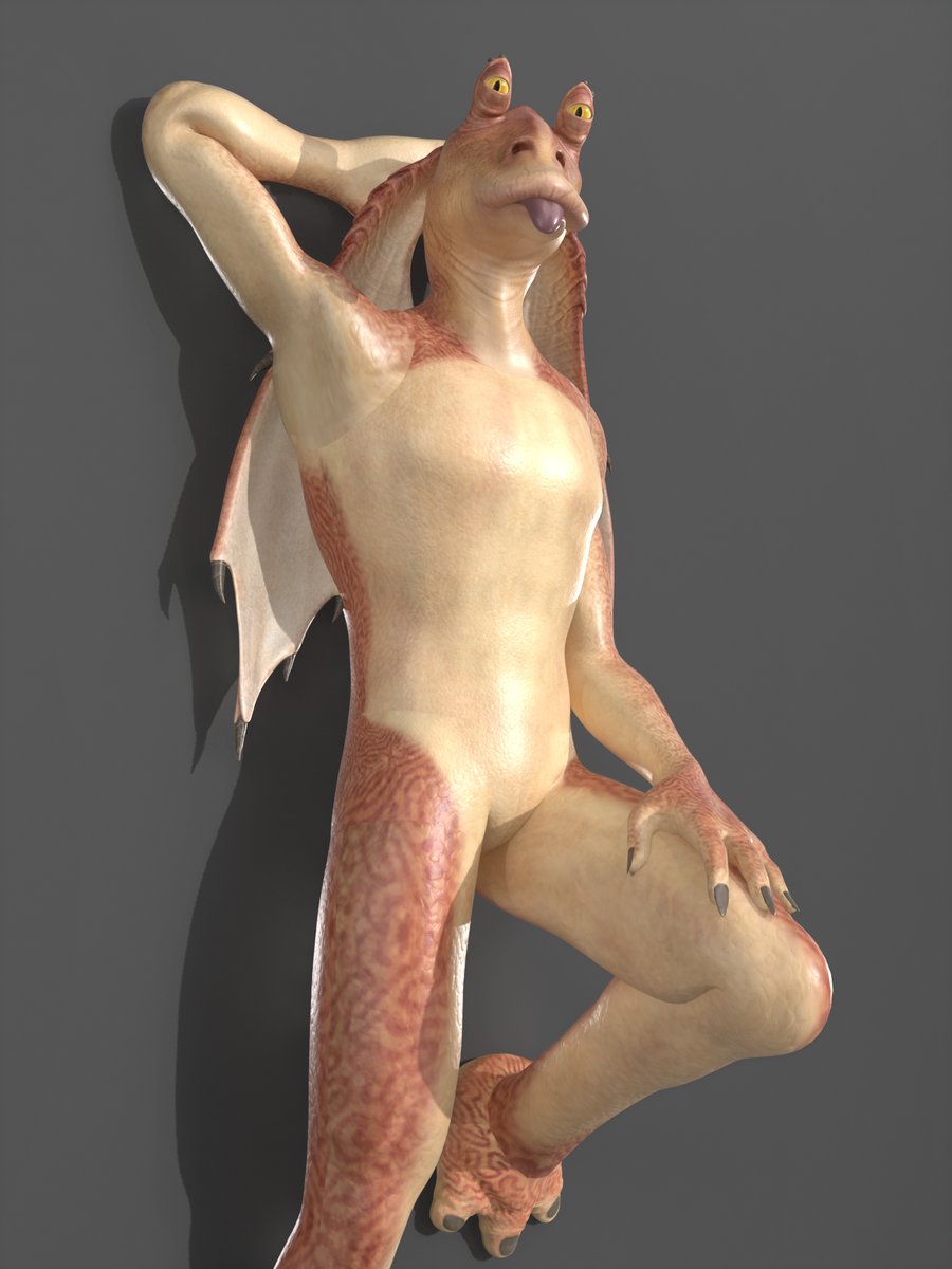 CW: #CartoonNudity #Nude 

Fear me, for I have made a nude Jar Jar Binks model, the sky's the limit now!

Ironically, the mesh wasn't that hard, sa I used a DrDregg base mesh, but the texture took forever to get right. I used an official Jar jar pic to get it right.

#JarJarBinks