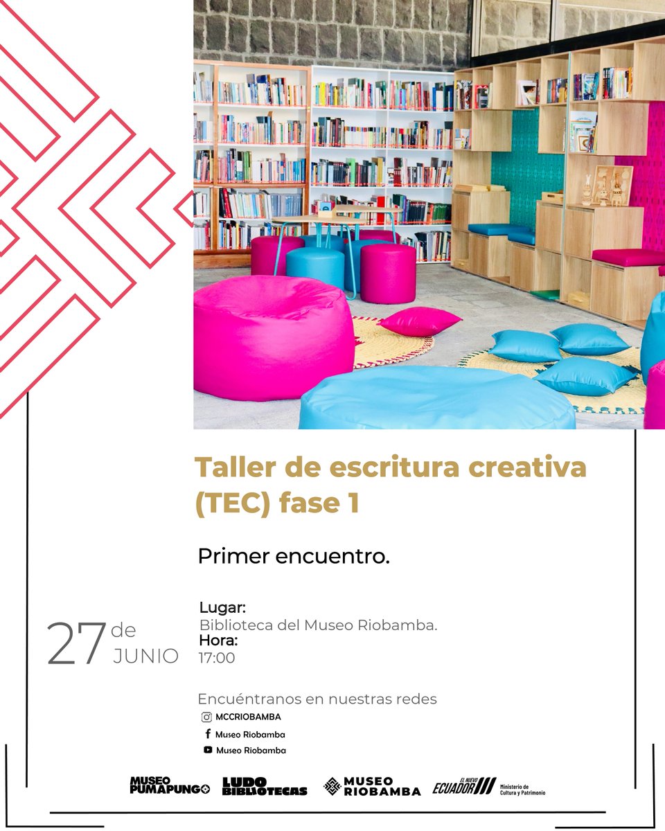 🖼️El Museo Riobamba te invita a su Taller de Escritura Creativa.
📷 Iniciamos este viernes 27 de junio
🏙️ Lugar: Biblioteca (Veloz entre Carabobo y Montalvo)
¡Te esperamos para escribir juntos!