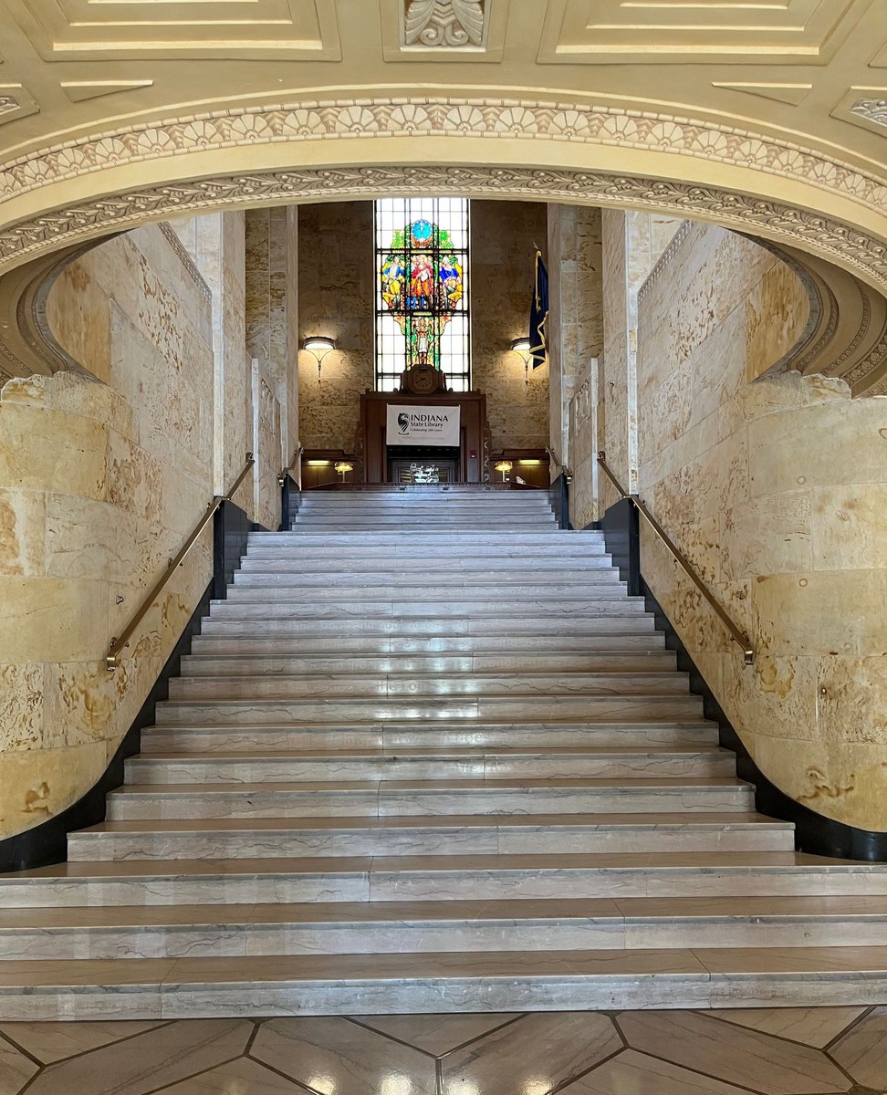 state_library's tweet image. The grand staircase in the Great Hall of the Indiana State Library leads to the original 1934 circulation desk. #stairs #GreatHall #Indianapolis