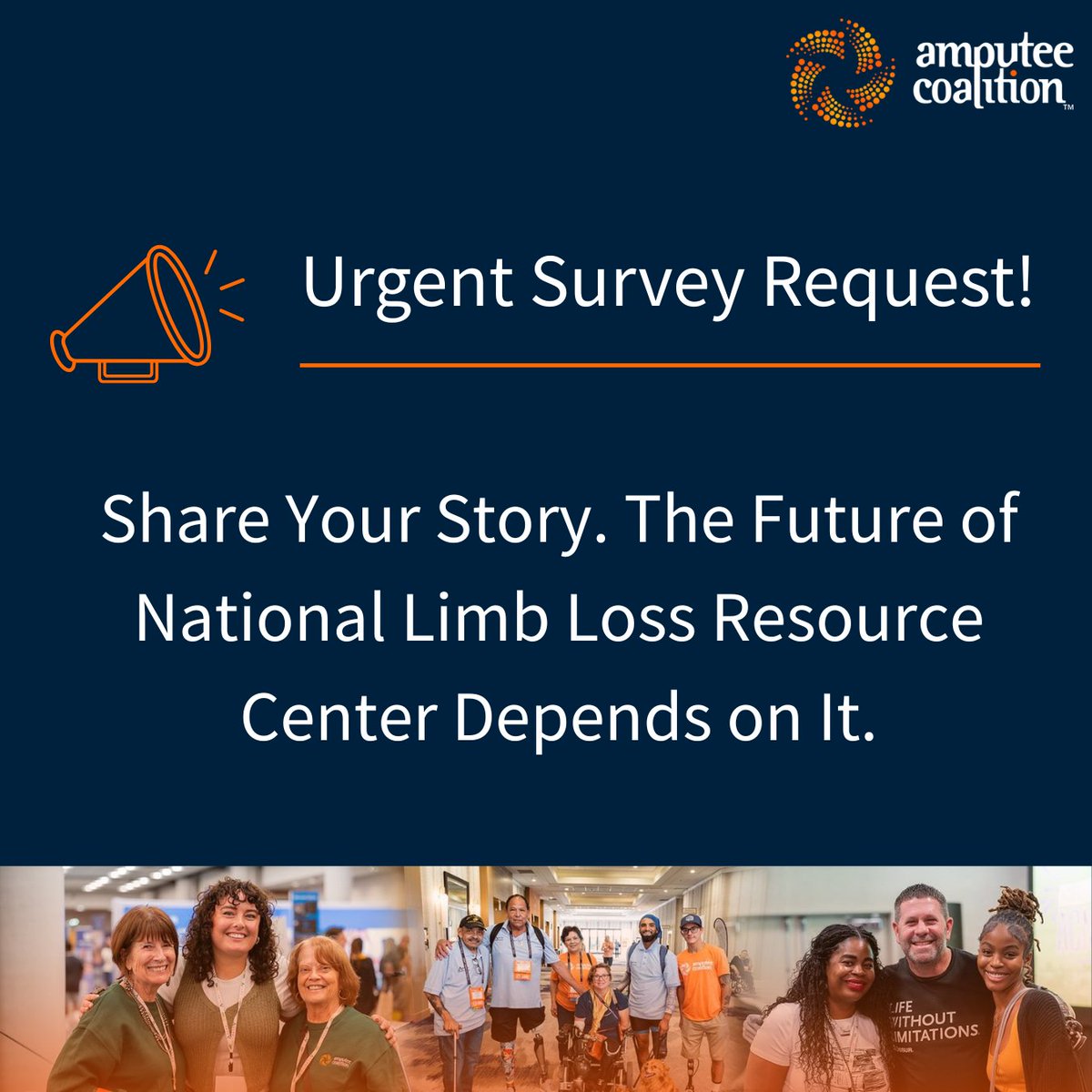 📢 The National Limb Loss Resource Center is at risk of losing funding. Your story can help protect it.
Take our short survey: okt.to/qv0XmD
Stay informed: okt.to/bVyDfr
Your voice matters. 
#AmputeeCoalition #MyNLLRCStory