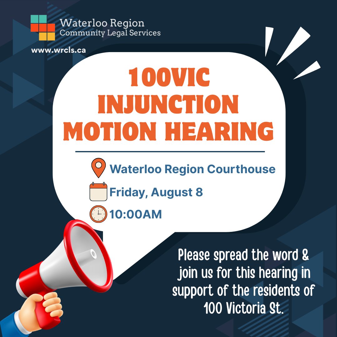 We invite you to join us for the 100 Vic Injunction Motion Hearing on August 8 at 10:00am.

We have requested a hybrid meeting (in-person and virtually) over Zoom. We will provide this link as soon as possible. Please stay tuned for more updates. 

Thanks for everyone's support!