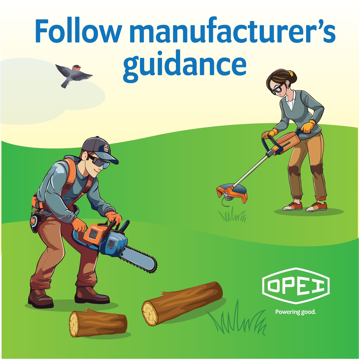 OPEInstitute's tweet image. Planning to do some yardwork? Remember to follow manufacturer's guidance. #safety #chainsaw #stringtrimmer #trimmer