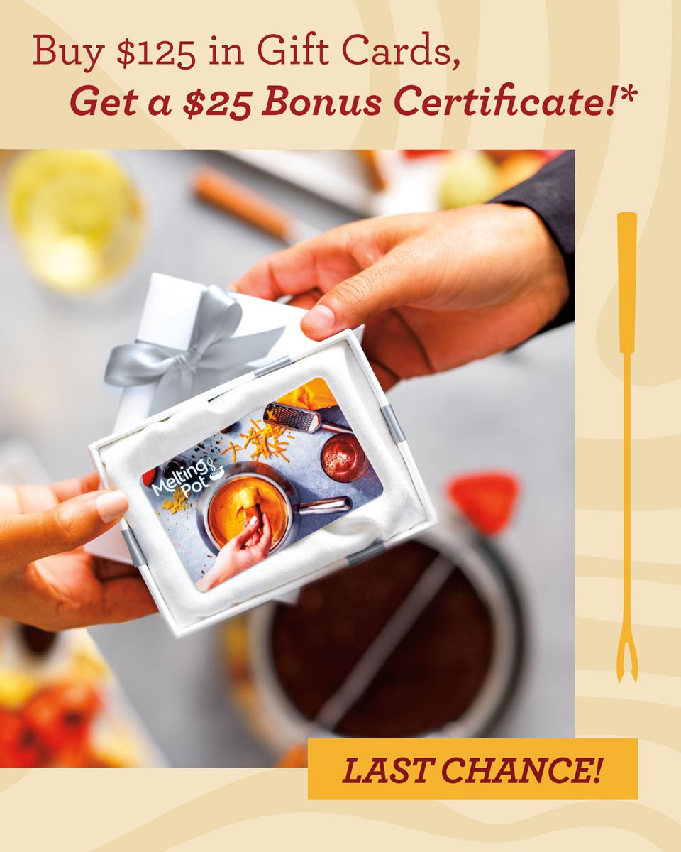 Don’t miss your chance to stock up on the gift of your favorite restaurant… (and psst get a little bonus cert for yourself). Buy $125 in gift cards, get a $25 bonus certificate!
*Offer only available in restaurant.

*Offer available April 15–June 30,... meltingpot.com