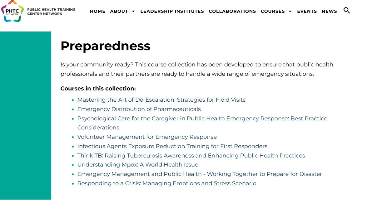 Is your community ready? This course collection features a variety of free, self-paced courses — all developed to ensure that #PublicHealth professionals &amp; their partners are ready to handle a wide range of emergency situations.

For details, visit phtcn.org/course_collect…

#PHTCN