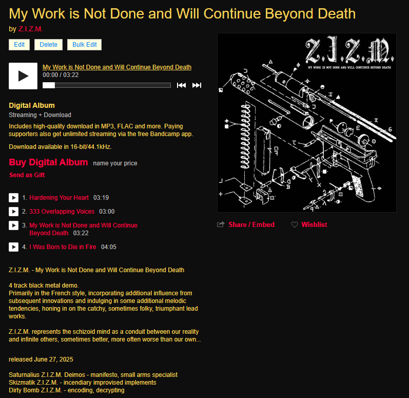 AVAILABLE NOW:
New US black metal band Z.I.Z.M. debuts their first 4-track demo "My Work is Not Done and Will Continue Beyond Death" through Nicotine Media.
Primarily rooted in the French style.

See more below. Link in comment.