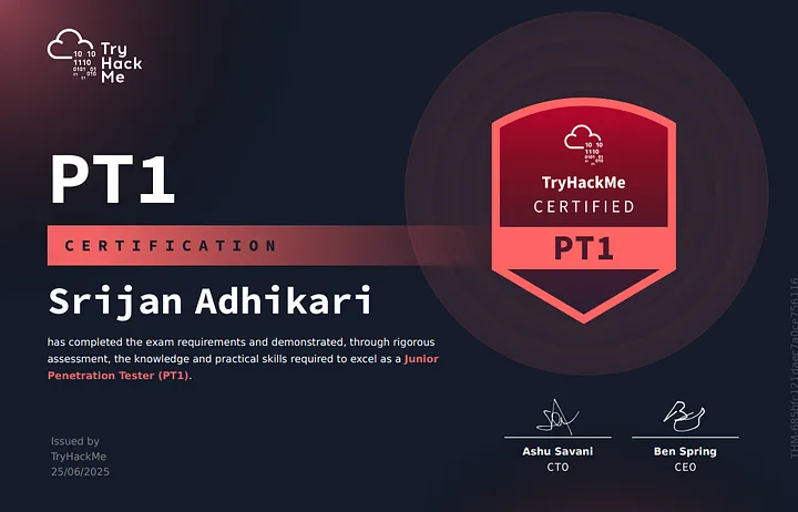 Blog on TryHackMe PT1 Certification: 

Check it out if you’re planning to take the exam!

medium.com/@srijanadk/try…