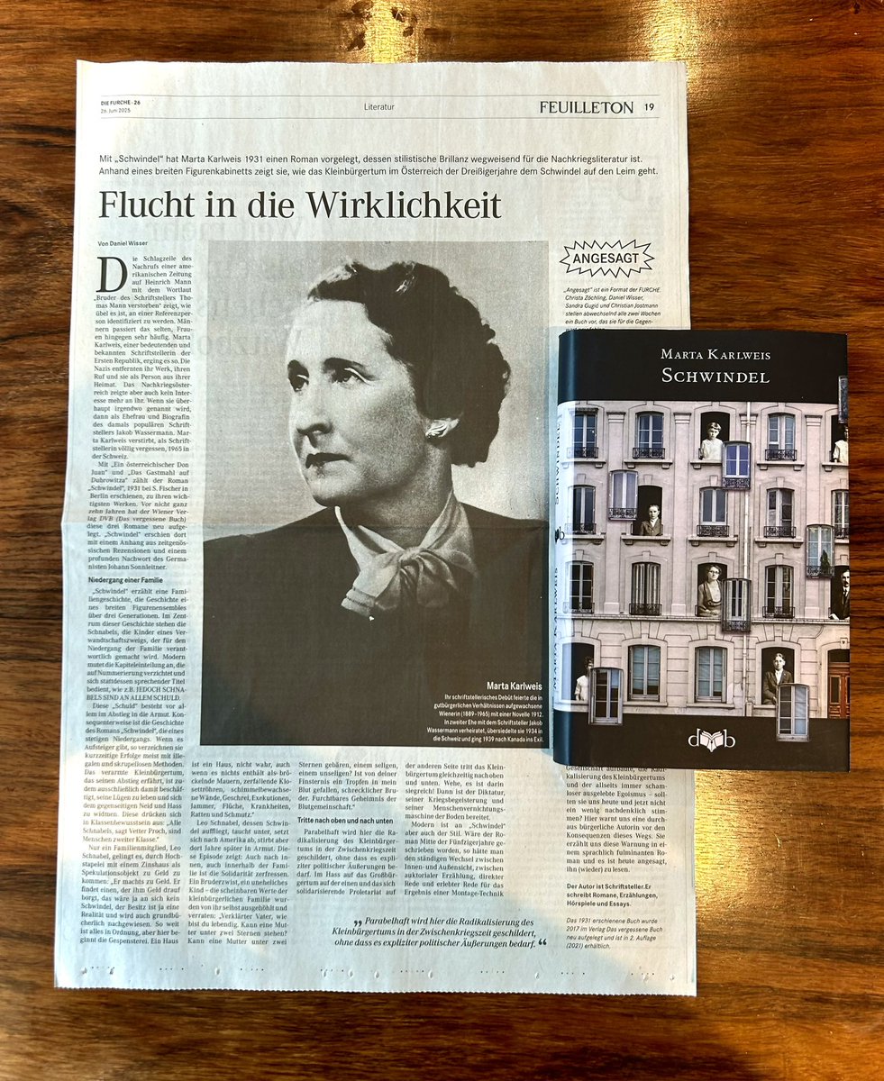 dvbverlag's tweet photo. Großer Buchtipp von Daniel Wisser in der aktuellen Ausgabe von @diefurche: Marta Karlweis' schwarzhumorige Zinshausfamiliensaga "Schwindel" aus dem Jahr 1931. 

#martakarlweis #schwindel #furche #buchtipp #wienroman #zinshäuser #wiederentdeckt #dvb #dasvergessenebuch https://t.co/qVmpOBNcdQ